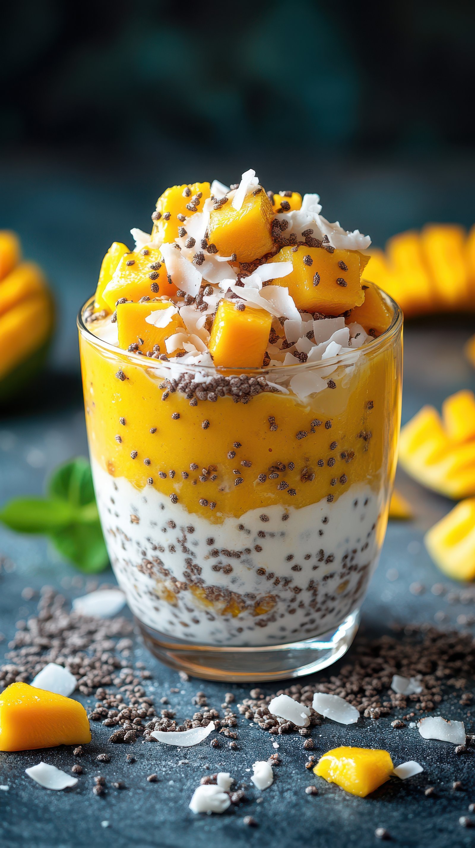 Delicious mango chia pudding with coconut topping and fresh mango pieces on a colorful surface